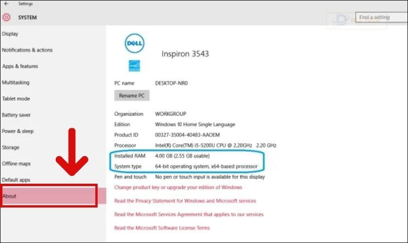 Lướt xuống và chọn About để xem thông tin RAM laptop