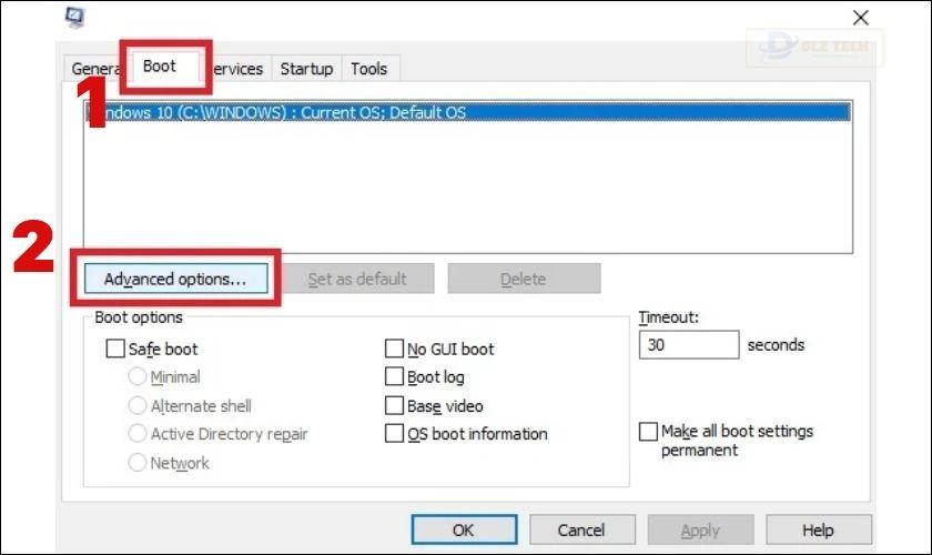 Chọn tab Boot và click chuột vào nút Advanced Options