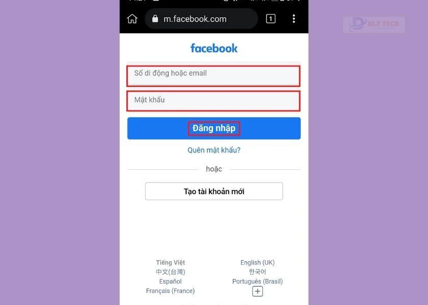 đăng nhập facebook
