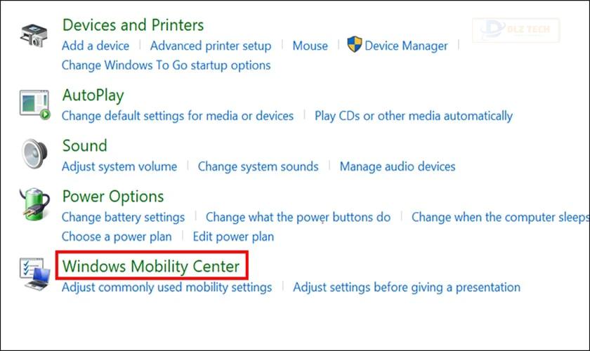 Nhấp vào Windows Mobility Center