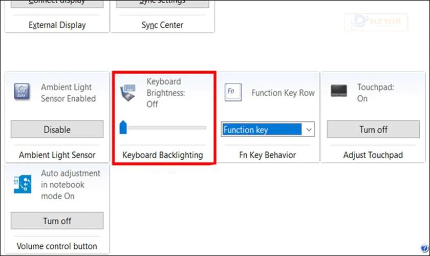 Tìm đến mục Keyboard Backlighting