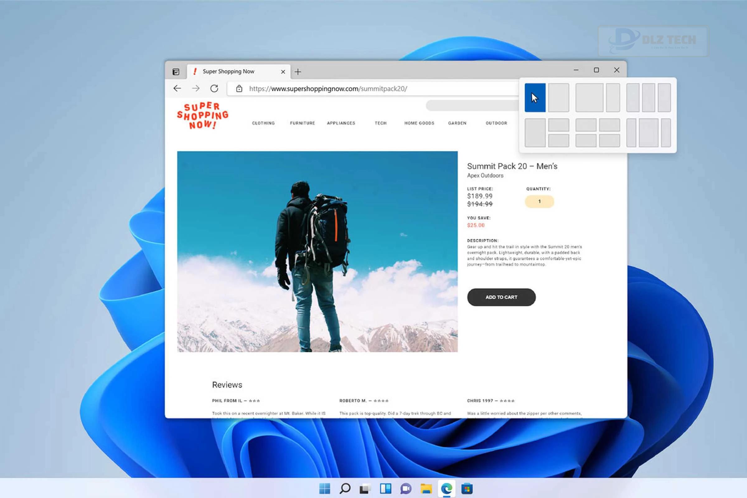 Tính năng mới Snap Layout giúp người dùng mở hai, ba hoặc bốn ứng dụng cùng một lúc