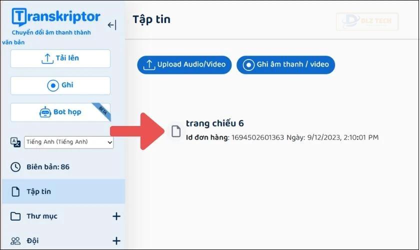 File âm thanh sang văn bản sẽ xuất hiện trên màn hình