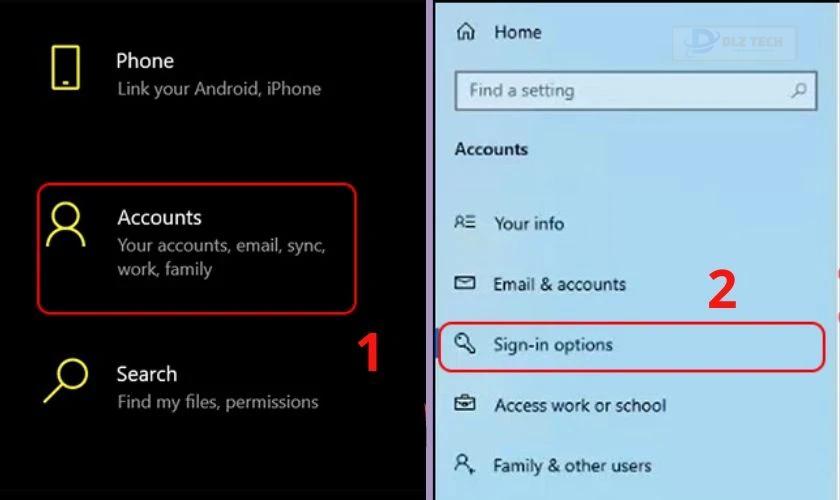 Nhấn vào mục Accounts rồi chọn Sign-in options
