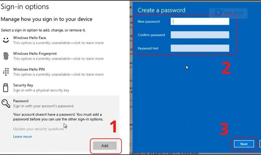 Tiếp đó bạn chọn Password hint cho mình rồi nhấn Next để tiếp tục