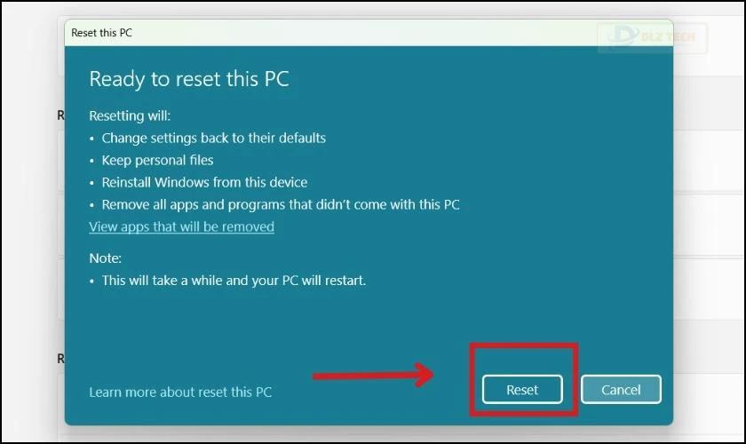 Nhấn reset laptop windows 11 về trạng thái ban đầu