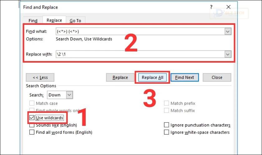 Sau khi thiết lập xong các tùy chọn click vào Replace all