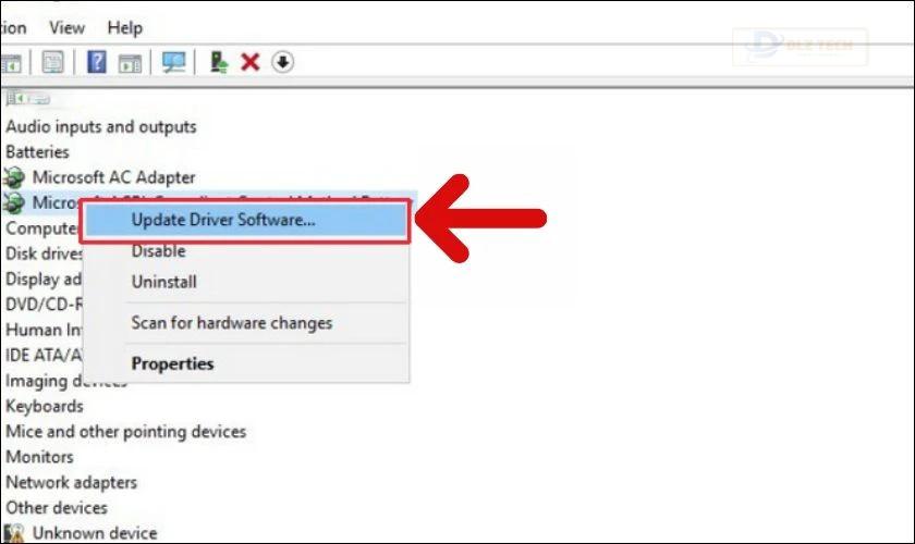 Nhấp chuột phải và chọn Update Driver Software