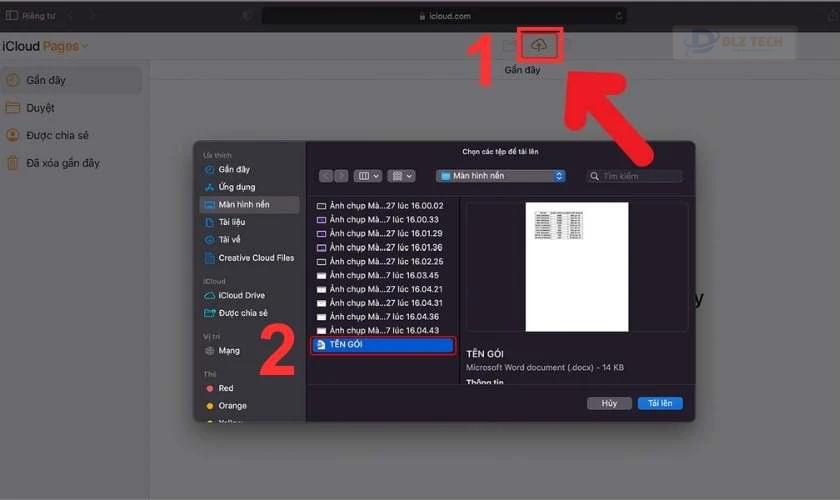 Chọn vào biểu tượng Tải lên và tải lên tệp Office bị lỗi