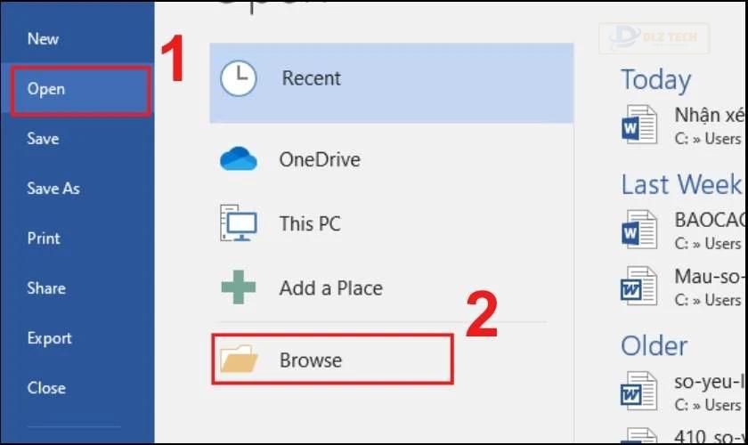 Nhấn Open và chọn Browse để đến thư mục chứa file Word cần sửa lỗi không mở được