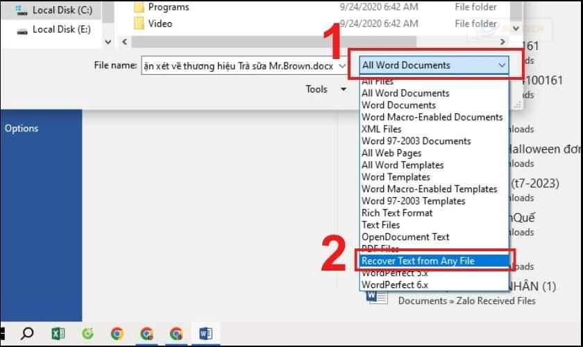 Chọn Recover Text from Any File để khôi phục văn bản