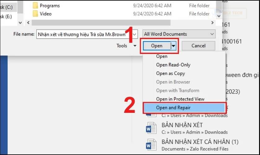 Chọn Open and Repair để sửa lỗi và mở lại file Word