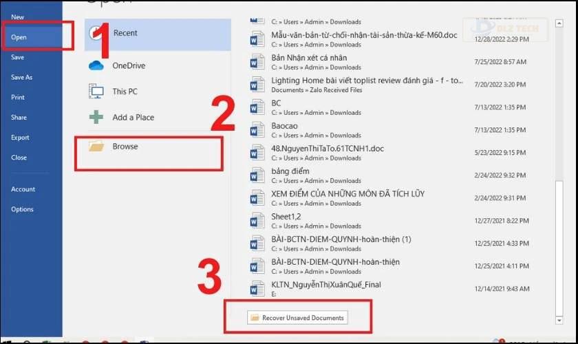 Chọn Recover Unsaved Document để tìm những tệp được lưu tự động trong quá trình soạn thảo văn bản