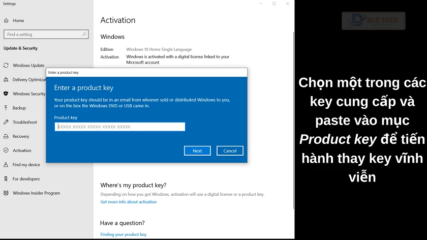 Chọn vào Change product key để cài product key win 10