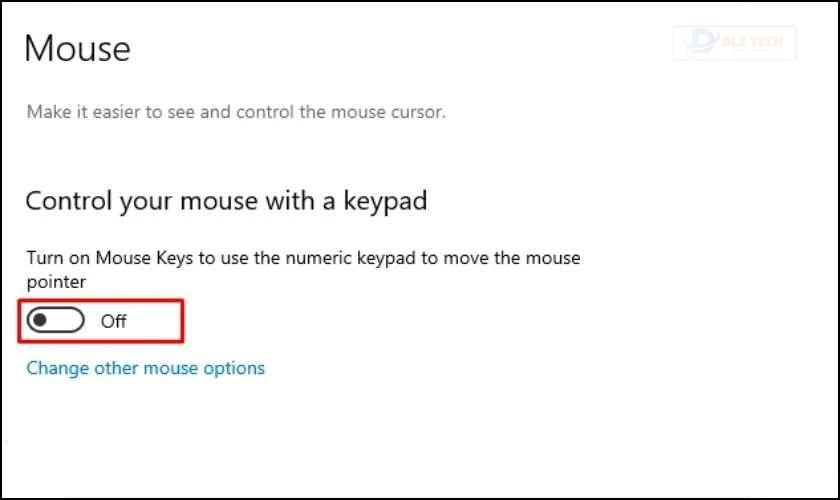 Kéo thanh từ Off sang On để bật tính năng Mouse Keys