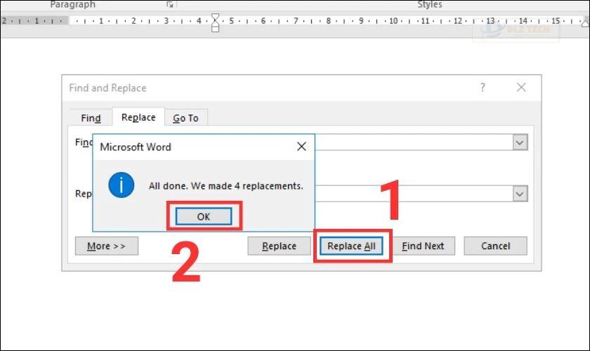 Nhấn Ok để Replace từ và cụm từ trong Word