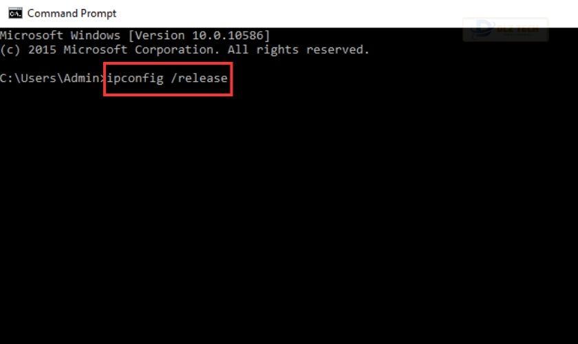Bạn nhập lệnh ipconfig /release và nhấn Enter để xóa IP hiện tại