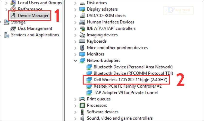 Tiếp theo, bạn chọn Device Manager và tiến hành kiểm tra trong mục Network adapter đã có ký hiệu Wireless của Driver Wi-Fi chưa