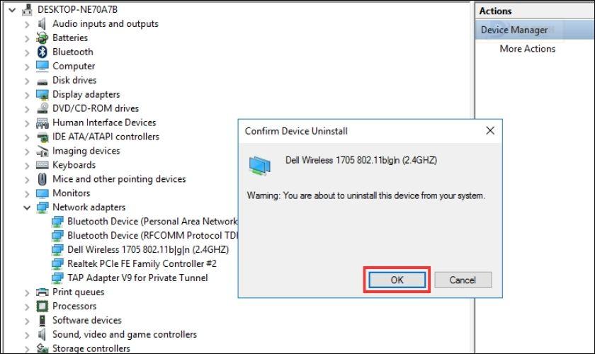 Khi hộp thoại xác nhận hiển thị, bạn click OK để xác nhận gỡ driver Wi-Fi cũ