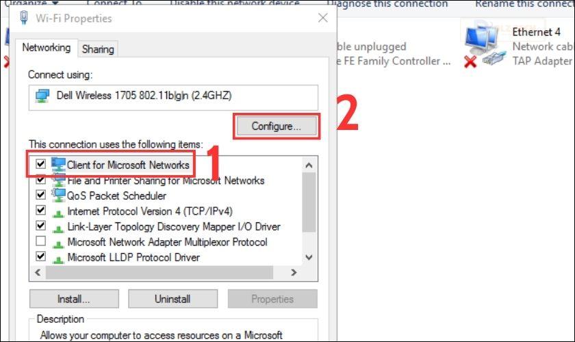Ở bước này, bạn nhấn vào dòng Client for Microsoft Networks và chọn Configure