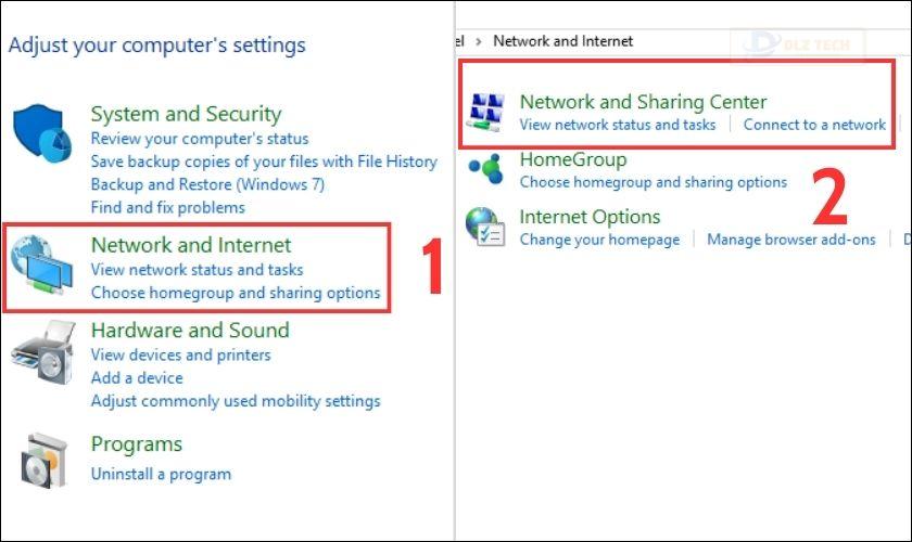 Bạn click chọn Network and Internet, sau đó chọn Network and Sharing Center