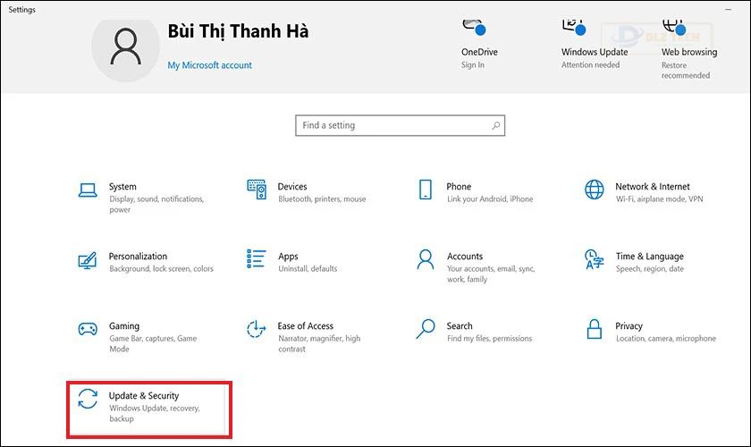 Mở Settings và chọn Update & Security