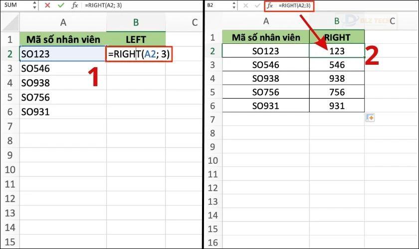 tách chữ trong excel bằng right