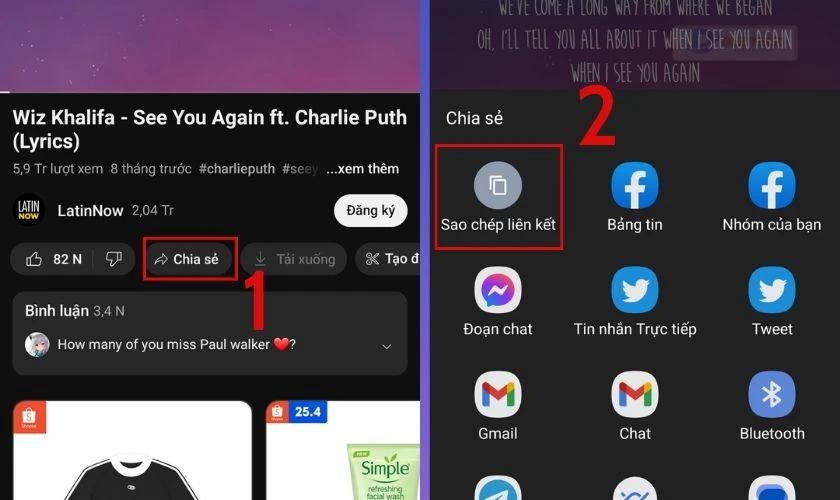 sao chép đường link trên YouTube