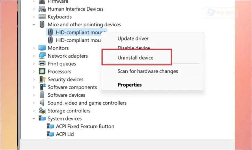 Nhấp chuột phải và chọn Uninstall Device