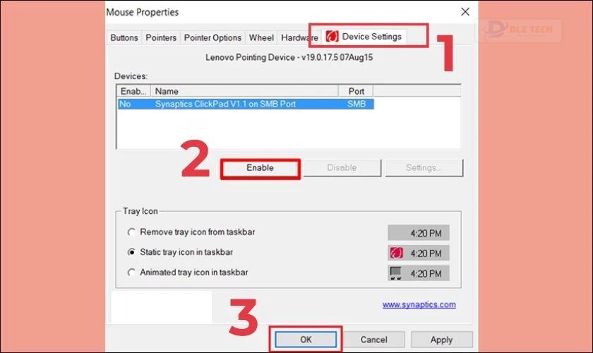 Chọn Device Settings và nhấn Enable