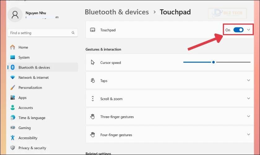 Đảm bảo trạng thái ở phần touchpad đang ở chế độ On