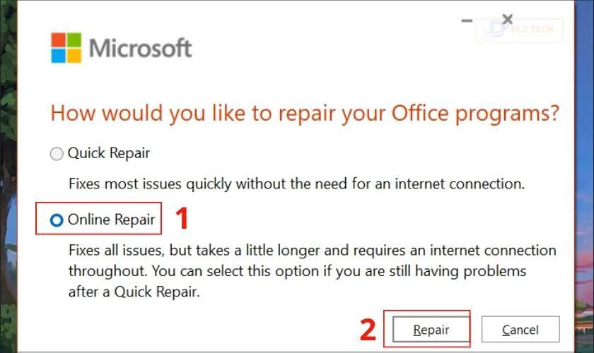 chọn repair, xử lý file excel có dung lượng quá lớn