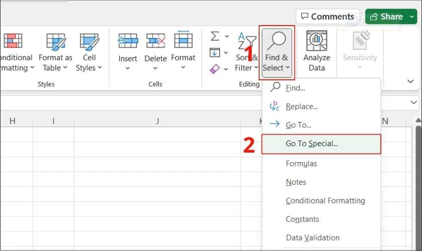 nhấn go to special, xử lý file excel có dung lượng quá lớn