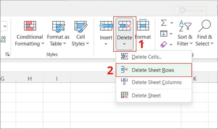 chọn delete sheet rows nếu excel bị chậm