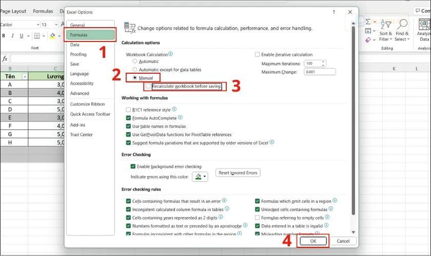 bỏ chọn Recalculate Workbook Before Saving khi mở file excel bị chậm