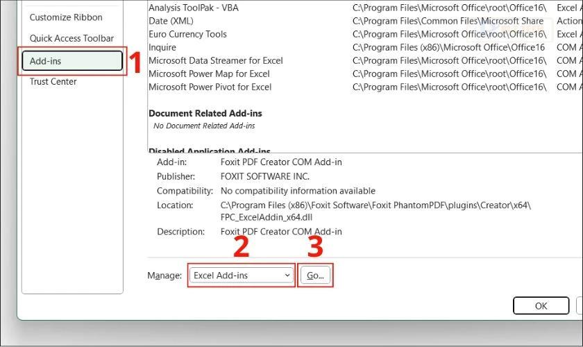 cách vô hiệu hóa Add-ins, khắc phục lỗi mở file excel bị chậm
