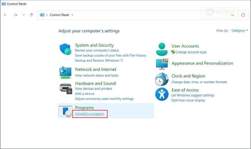 nhấn vào uninstall a program, xử lý file excel có dung lượng quá lớn
