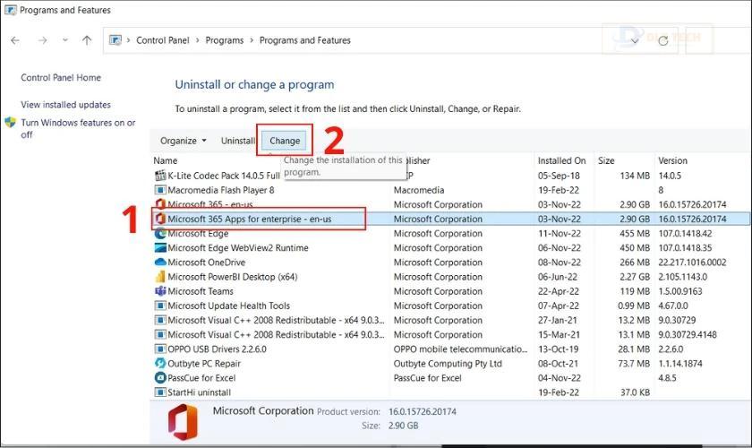 tìm microsoft office rồi nhấn change, khắc phục lỗi mở file excel bị chậm
