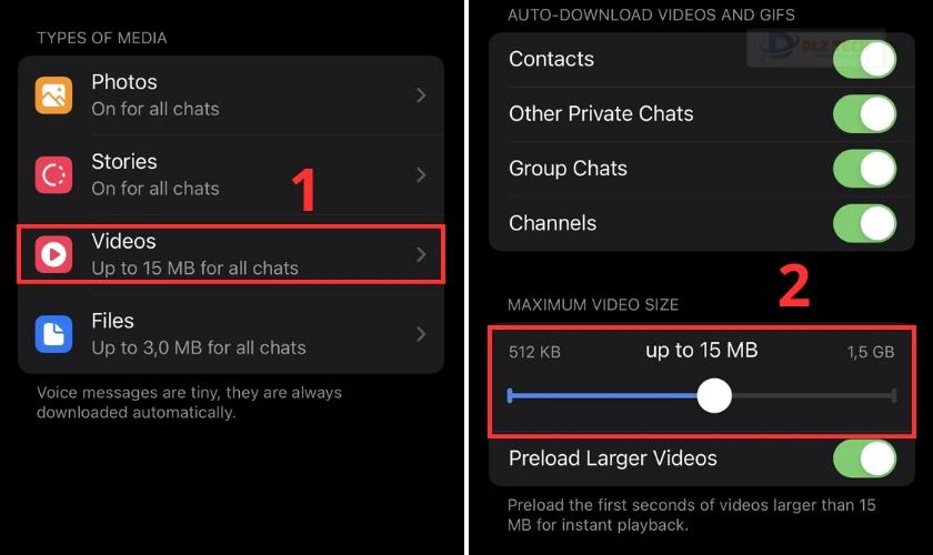 Chọn mục Videos và cài đặt giới hạn kích thước tải video