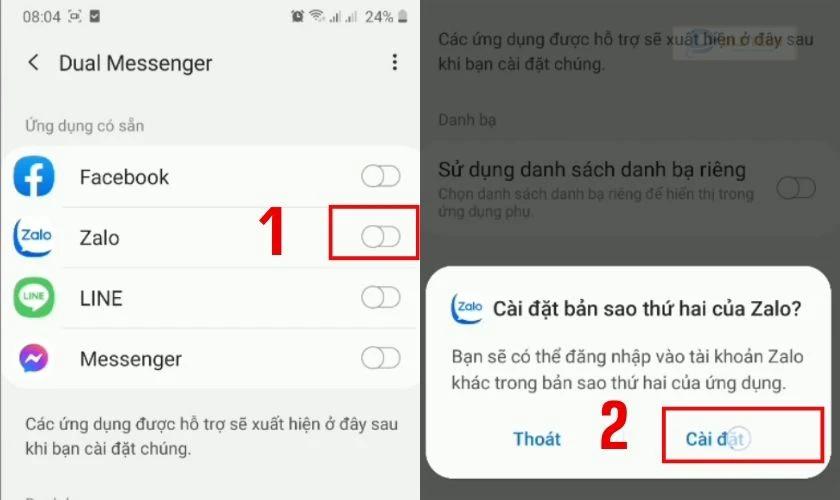 Chọn Cài đặt để xác nhận thiết lập hai ứng dụng Zalo trên điện thoại của bạn