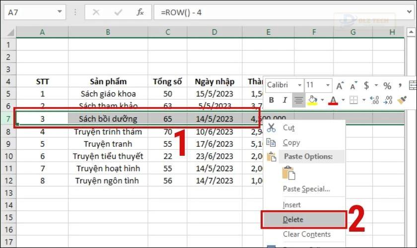 Nhấn chuột phải và chọn Delete Row