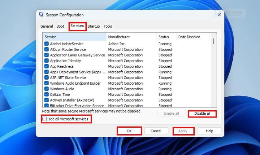 Disable all các dịch vụ không cần thiết