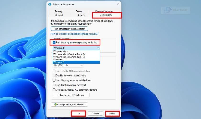 Trong tab Compatibility, tick vào ô Run this program in compatibility mode for