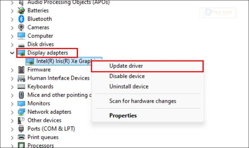 Nhấn chuột phải vào tên card đồ họa và chọn Update driver