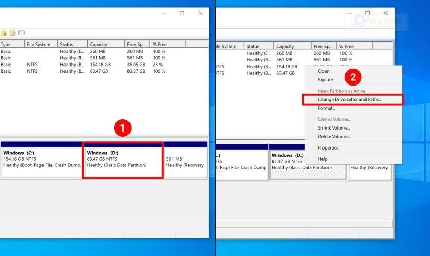 Chọn Change Drive Letter and Paths trong Disk Management