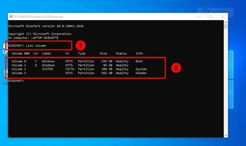 Hộp thoại Diskpart.exe hiện ra, gõ List Volume và nhấn Enter