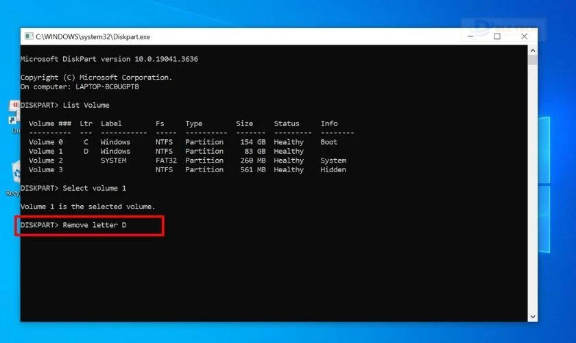 Gõ lệnh Remove letter D để ẩn ổ đĩa