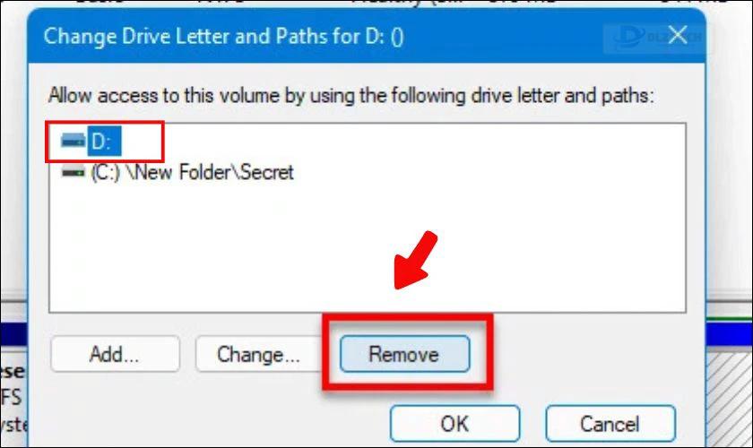 Chọn ổ đĩa và nhấn Remove