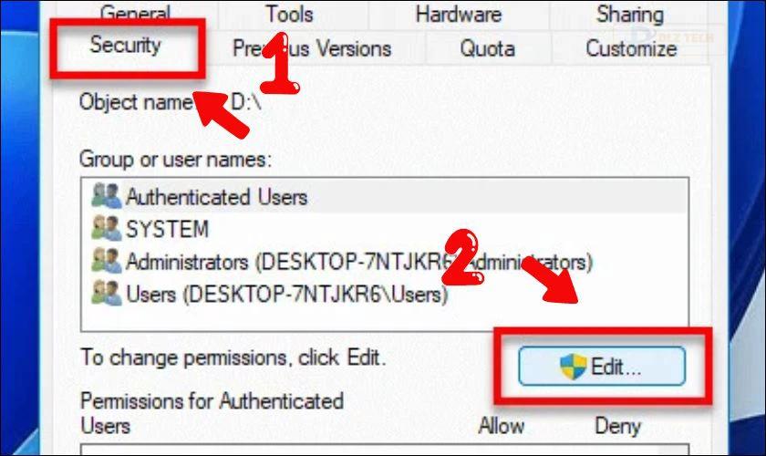 Chọn tab Security và nhấn Edit