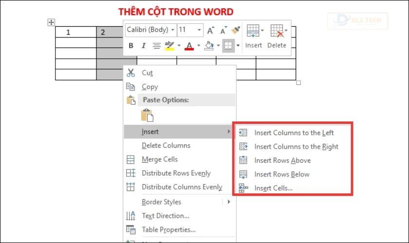 chèn thêm hàng, cột trong word